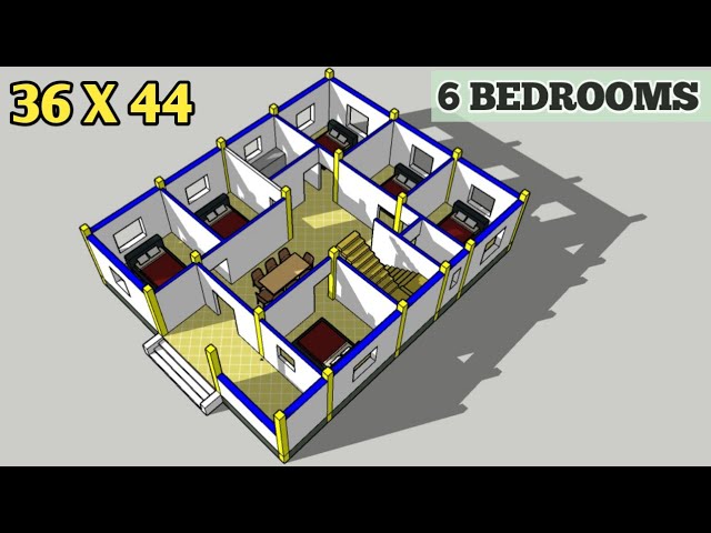 6 Bedrooms House Plan With 3D Elevation || 36X44 House Design Plan With 6  Bedrooms - Youtube