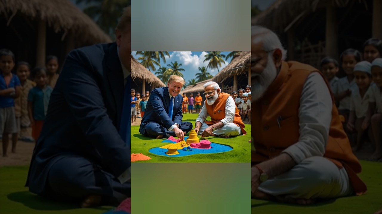 Modi and trump making sand toys in village in virtual world 