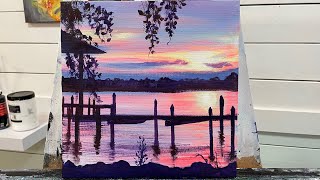 How To Paint SUNSET & DOCK | acrylic Painting Tutorial