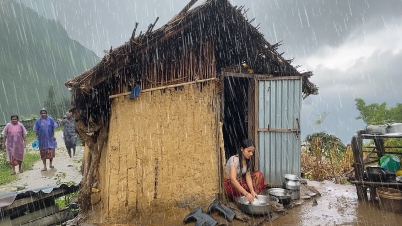 Very Heavy Rain-Peaceful Remote Mountain Village-Busy Villagers-Rainy Day Walk