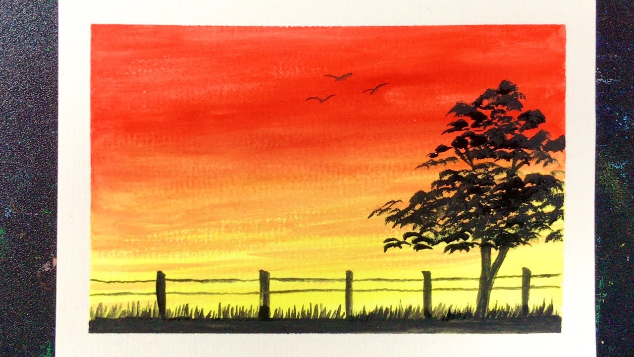 Vẽ cảnh hoàng hôn bằng màu nước  Sunset Landscape Using Watercolors  Màu  nước Hoàng hôn Mỹ thuật