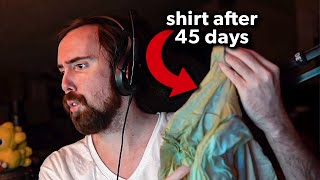 Asmongold shows his white shirt after wearing it for 45 days