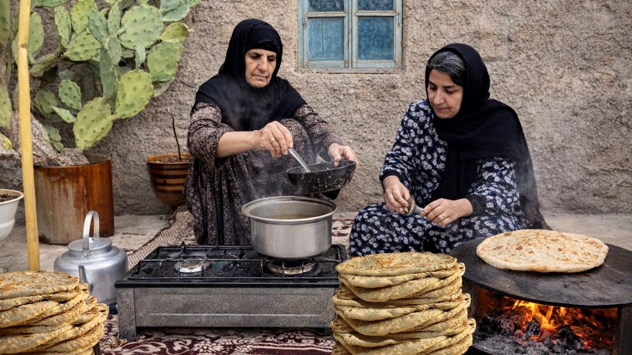 Iran Village life | Rural Mother and her daughter baking Saji bread and cooking delicious soup 