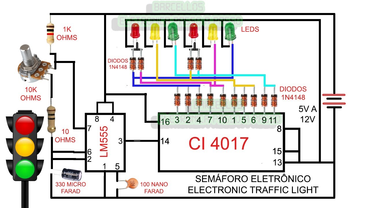 Circuito de semáforo. Semáforo eletrónico. Traffic light circuit