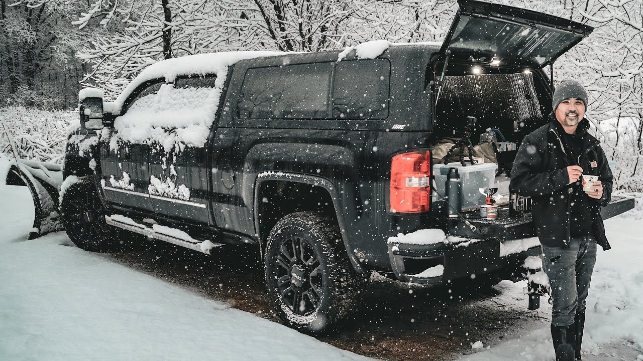 [ CAMP and COOK ] WINTER TRUCK CAMPING in WET HEAVY SNOW in MINNESOTA ...