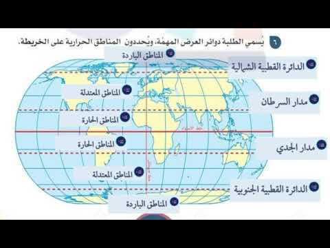 يسمي الطلبة دوائر العرض المهمة ويحددون المناطق الحرارية على الخريطة