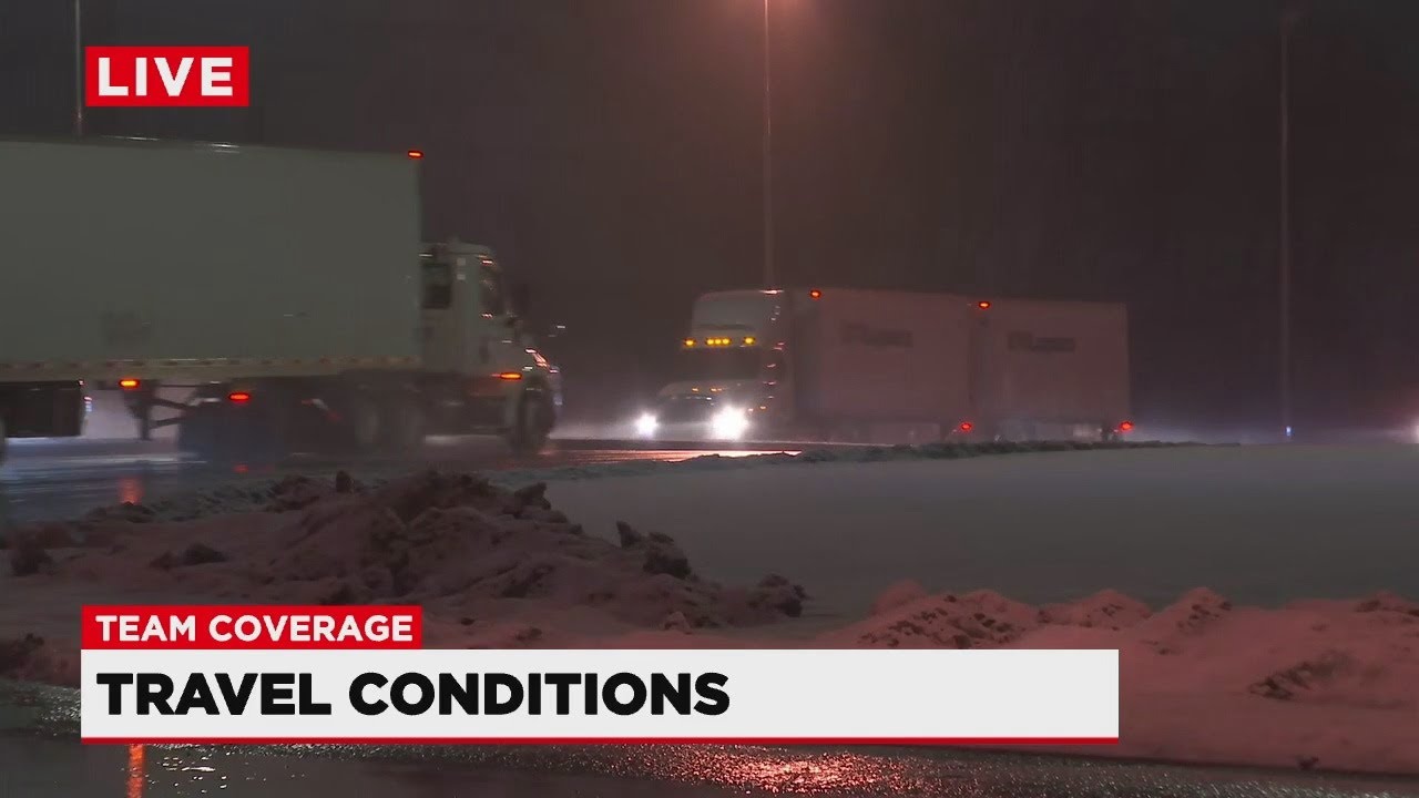 Road conditions wet with slushy snow - YouTube