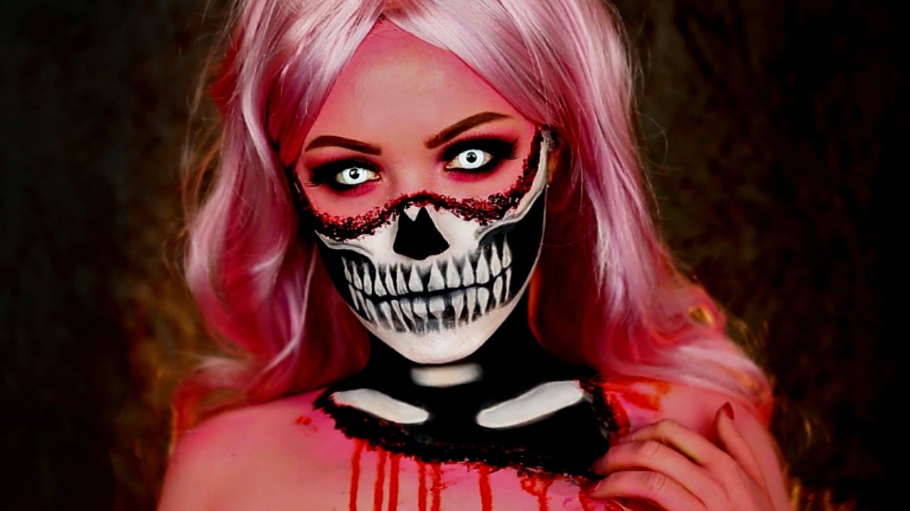 SKULL HALLOWEEN MAKEUP TUTORIAL WITH RIPPED BLOOD GORE HALF FACE