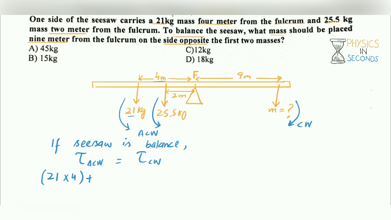 Find unknown mass acting on a sea saw to balance it 9m away from