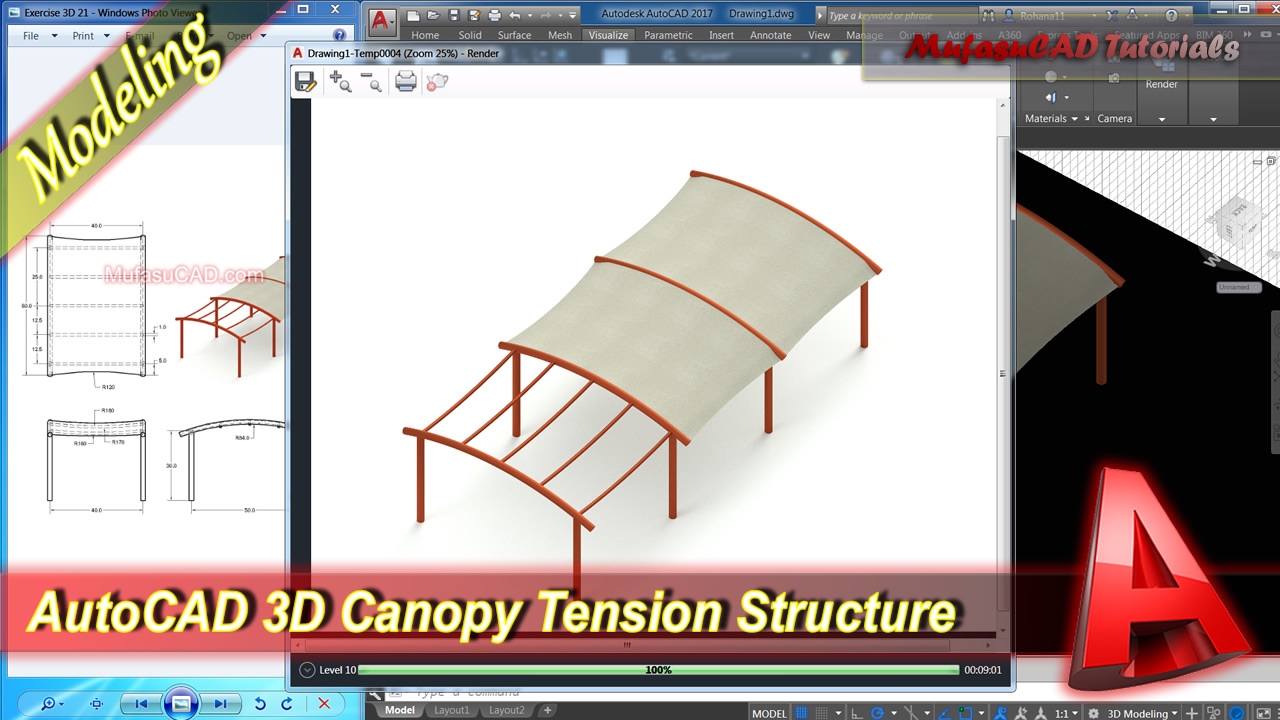 AutoCAD 3D Modeling Canopy Tutorial Exercise 21 YouTube