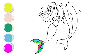 Mermaid with Dolphins Drawing, Painting and Coloring for Kids & Toddlers