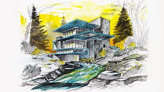 Sketching a modern house in nature