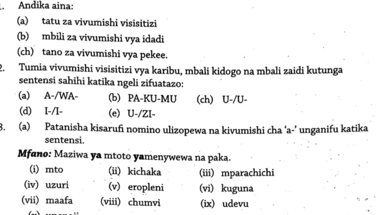 Upatanisho wa kisarufi | maswali na majibu vivumishi vya pekee |