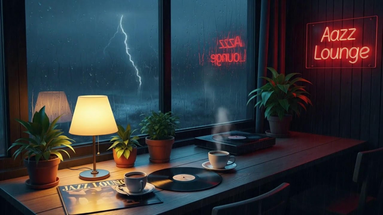 Cozy Late Night Thunder Lounge Rain ｜ Smooth Ambience 🌙⚡🌧️🎷💤☕💫