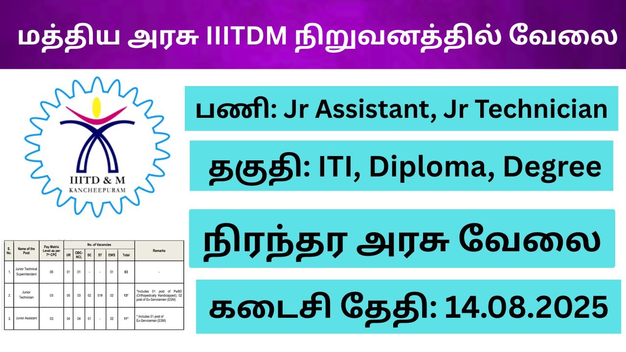 மத்திய அரசு IIITDM நிறுவனத்தில் வேலை | Jr Assistant, Jr Technician, JTS Posts  |  நிரந்தர வேலை