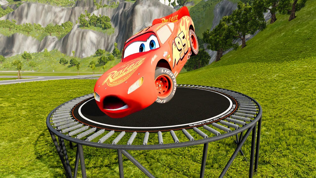 PIXAR CARS vs MEGA RAMP JUMPING TRANPOLINE #1 in BeamNG Drive Crash ...