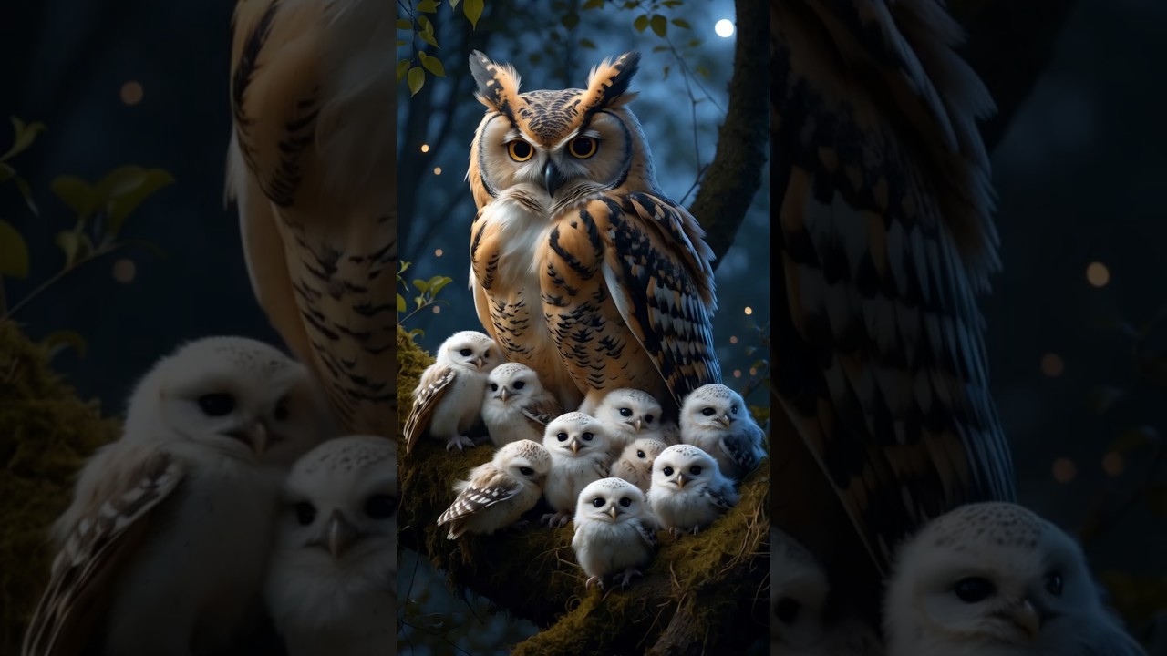 A Mother’s Warmth: Owl and Her Owlets in a Peaceful Midnight Glow 