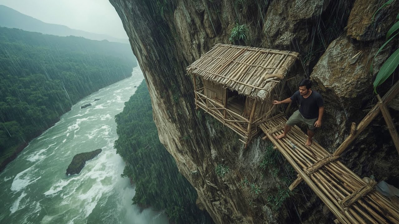 60-Day Challenge: Building a Bamboo Shelter and Surviving on a Dangerous Cliff, Bushcraft, Survival