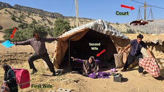 Husband's anger and frustration after failing to bring back first wife; attack on second wife's tent