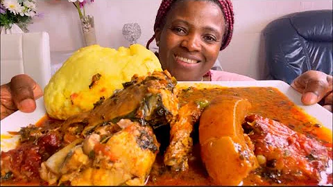 Asmr mukbang cow skin +mackerel fish +smoked ribs +bitter leaf soup with Fufu/eating show notalking