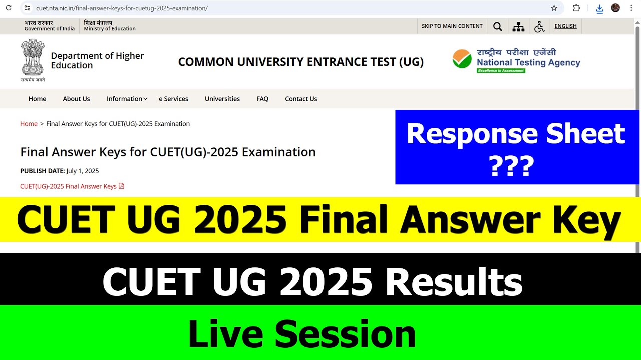 CUET UG 2025 Result & Final Answer key OUT | CUET UG 2025 Results Today ...