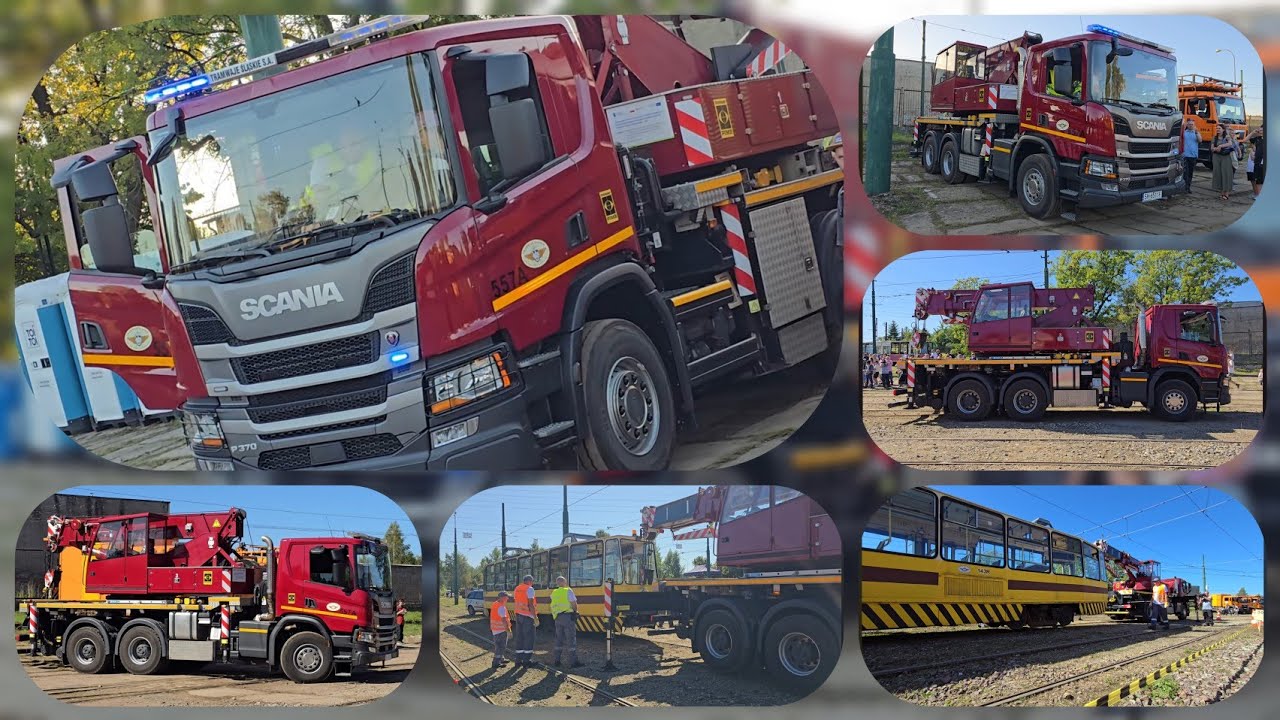ALARMOWO ŻURAW  TRAMWAJÓW ŚLĄSKICH SCANIA P370  TRAM202  - Pokaz Sygnalizacji i Wkolejania wagonu