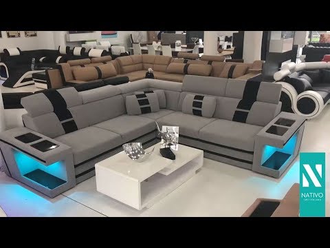 NATIVO mobilier France Canapé d'angle CAREZZA CORNER avec éclairage bleu