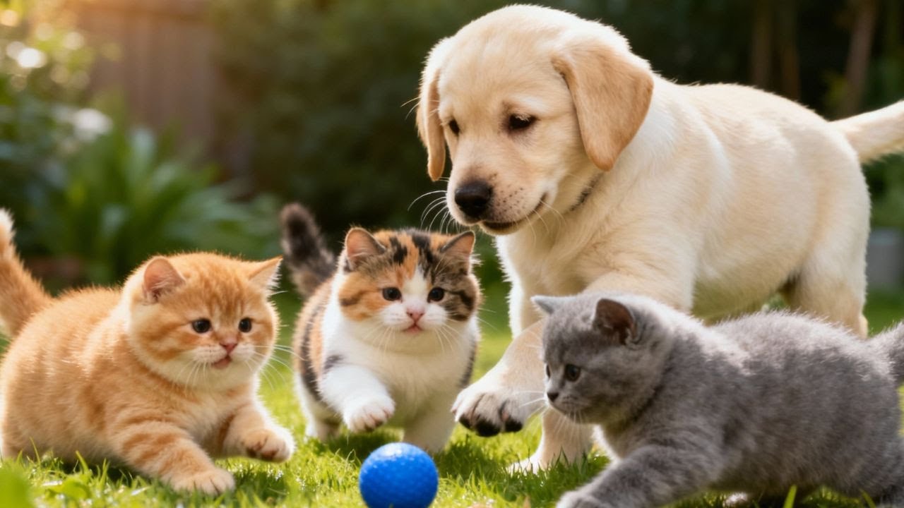 Cute Puppy and Chubby Kittens Playing Together in the Warm Sun