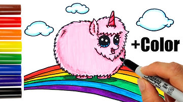 How to Draw + Color Pink Fluffy Unicorn Dancing on Rainbow step by step