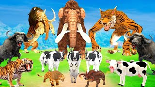 Giant Tiger Wolf Attack 2 Giant Buffaloes Cow Goat Saved By Mammoth Elephant vs Monster Lion Revolt