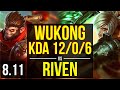 WUKONG vs RIVEN (TOP) ~ KDA 12/0/6, Legendary ~ NA Master ~ Patch 8.11