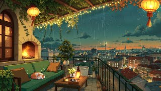 Rainy Balcony Night by the Fireplace with Cat 🔥🌧️ Cozy Lofi Hip Hop Beats for Study & Relax