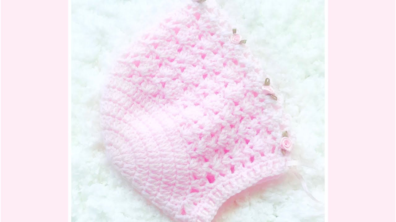 Easy crochet baby bonnet hat to match cardigan sweater and baby
