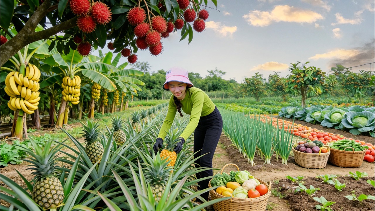 Harvest, Sell, And Cook With Pineapple, Cabbage, Green Onions, Yellow Bananas, Rambutan