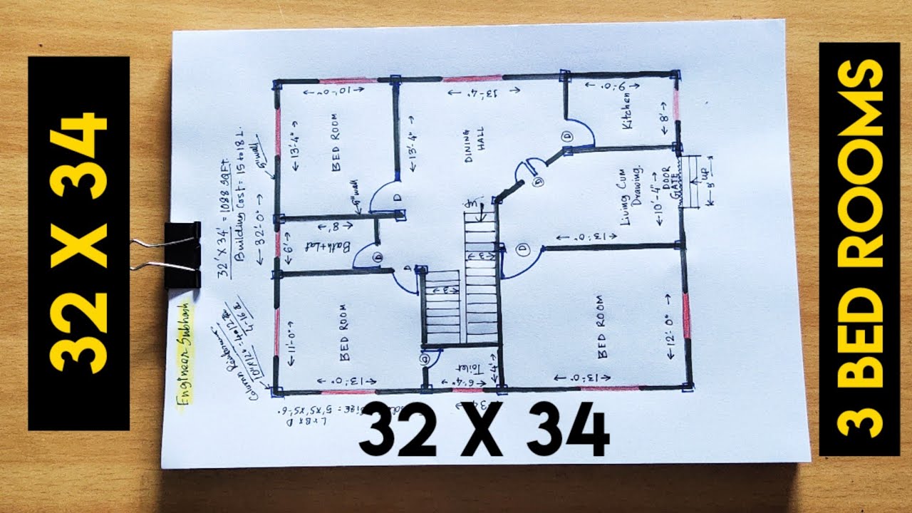 32 X 34 Sqft 3 Bed Rooms House Design Ii 32 X 34 Ghar Ka Naksha Ii 32 X 34 House Plan Youtube 32 X 34 Sqft 3 Bed Rooms House Design Ii 32 X 34 Ghar Ka Naksha Ii 32 X 34 House Plan Youtube