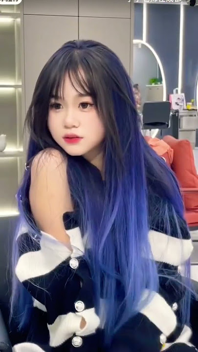 Asian girl haircuts hair dye blue color straightener hair long straight hair cute Japanese style