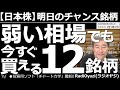【日本株-明日のチャンス銘柄】弱い相場でもすぐ買える12銘柄! 今晩もアメリカ市場は弱含み。上昇はあまり期待できない。そんな中、すぐに買いを検討できる強い銘柄を厳選して紹介する。日経の売買シグナルも。