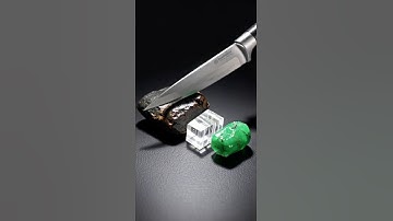Super-sharp knife slowly, realistically slices through obsidian, quartz, emerald, jade, sapphire, di