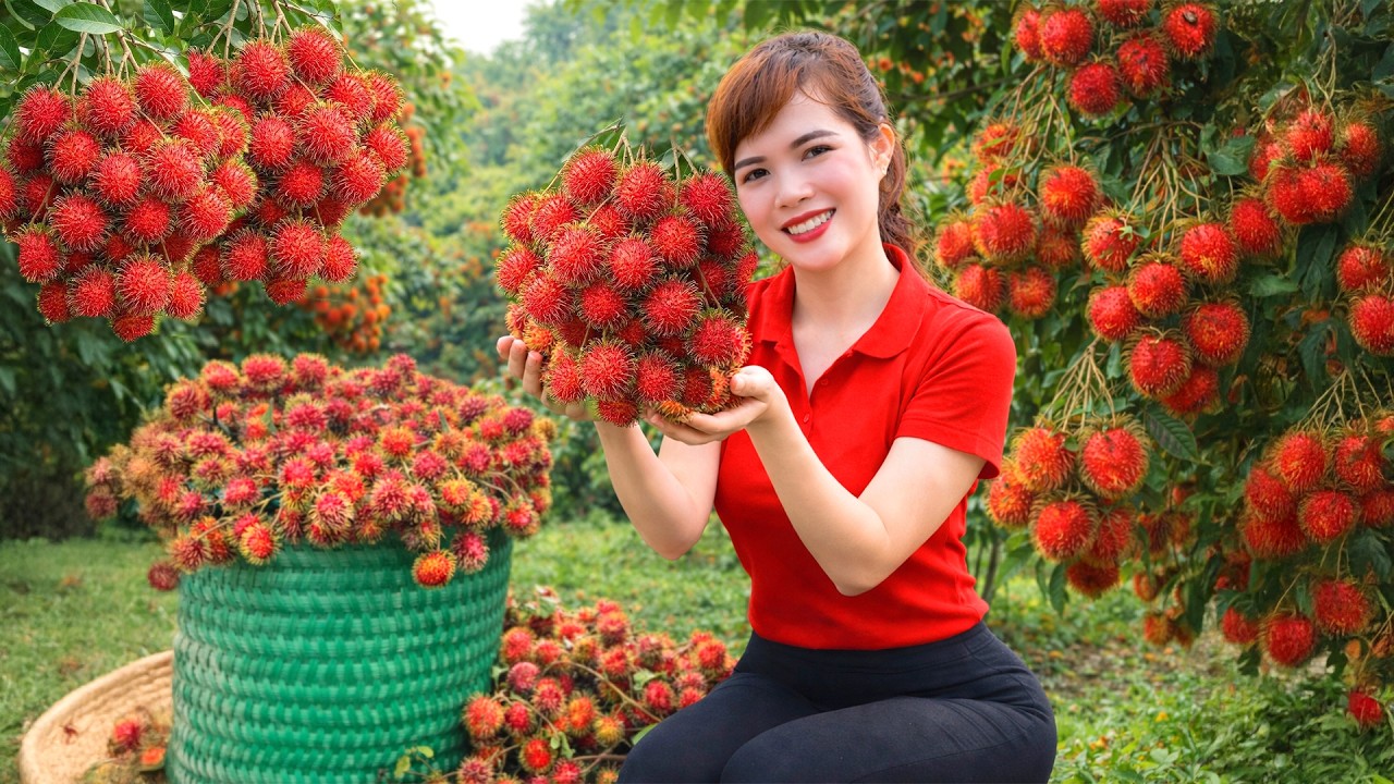 Harvesting 1000+Big Wild Rambutan,Custard Apple In The Forest Go To Market Sell,Cooking in village
