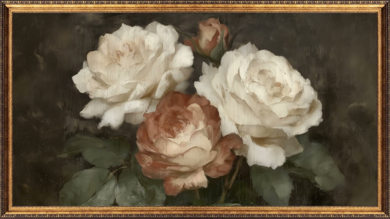 4K Frame TV Art – Blush and White Roses | Vintage Floral Still Life Wall Decor by Cozyland Prints