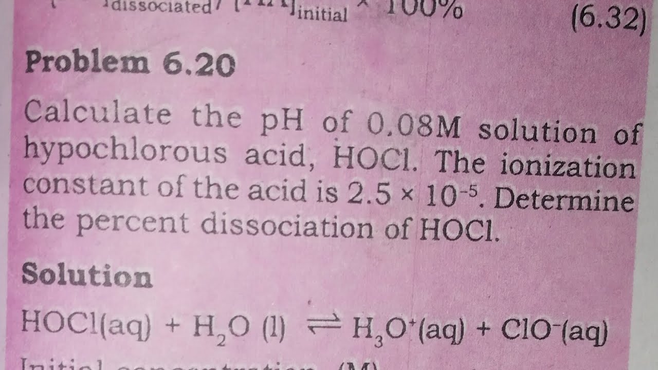 Calculate the pH of 0.08 molar solution of hypochlorous acid ,HOCL. The ionization constant of the
