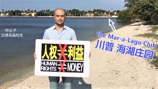 叶公子抗议川普，海湖庄园举牌：Trump, Human Rights ≠ Money! 人权不等于利益！拦截习近平！