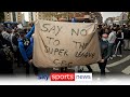 Chelsea fans protest outside of Stamford Bridge over the European Super League