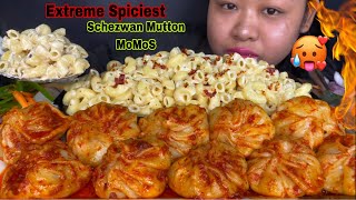 CHILLI GARLIC SPICY SCHEZWAN MUTTON MOMOS, CREAMY MACARONI PASTA MUKBANG | SPICY MUTTON MUKBANG