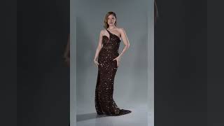 Kahve Tek Omuz Bacak Dekolteli Uzun Pullu Abiye Abu5070