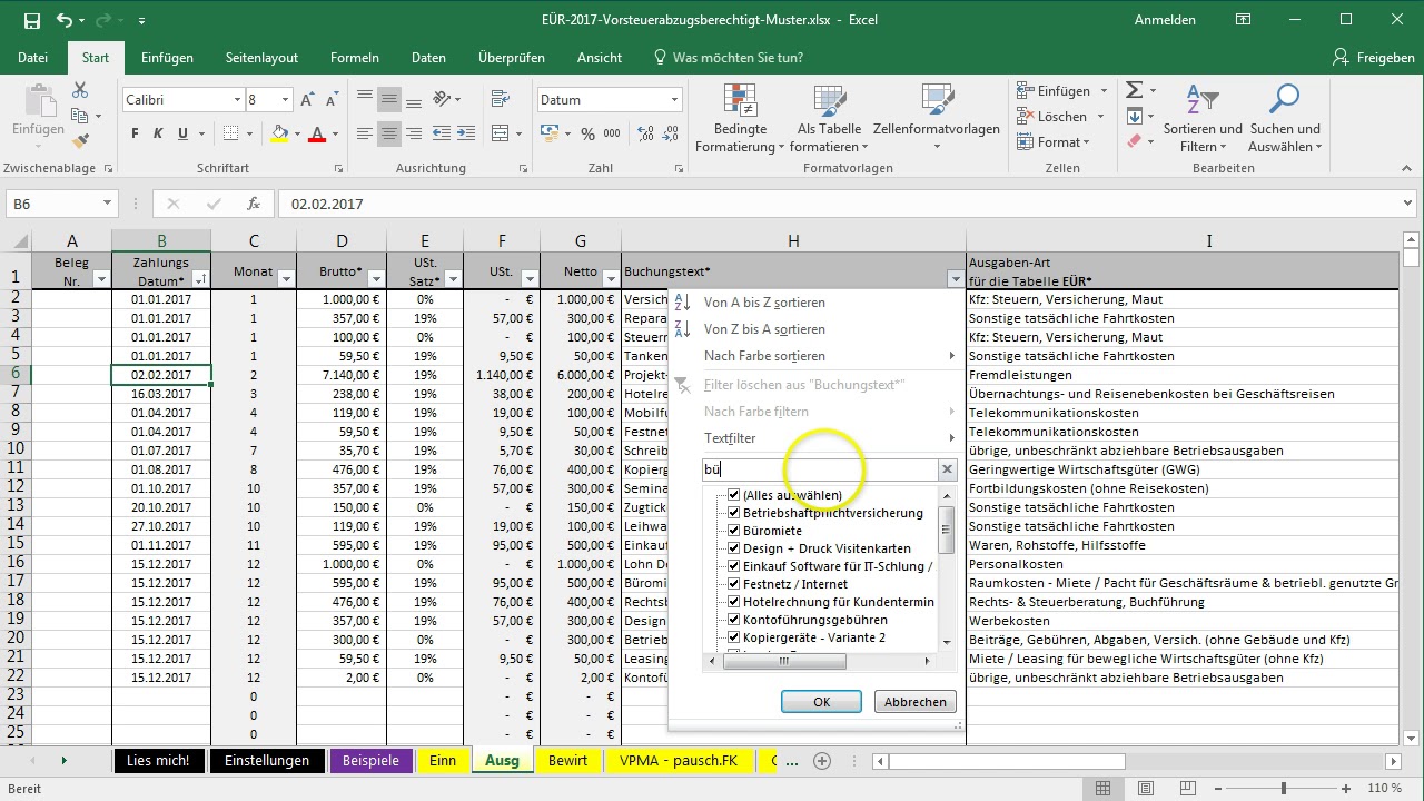 ExcelVorlageEÜR Sortieren und Filtern YouTube