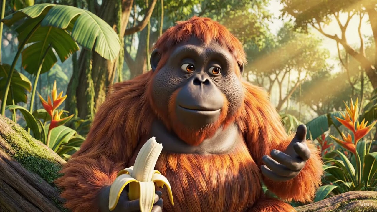 Jungle Joy: The Orangutan's Perfect Banana Break in the Sun-Drenched Forest