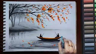 Step by Step How to Draw Mist Morning Landscape Scenery for beginners - Easy Soft Pastel Drawing. screenshot 2