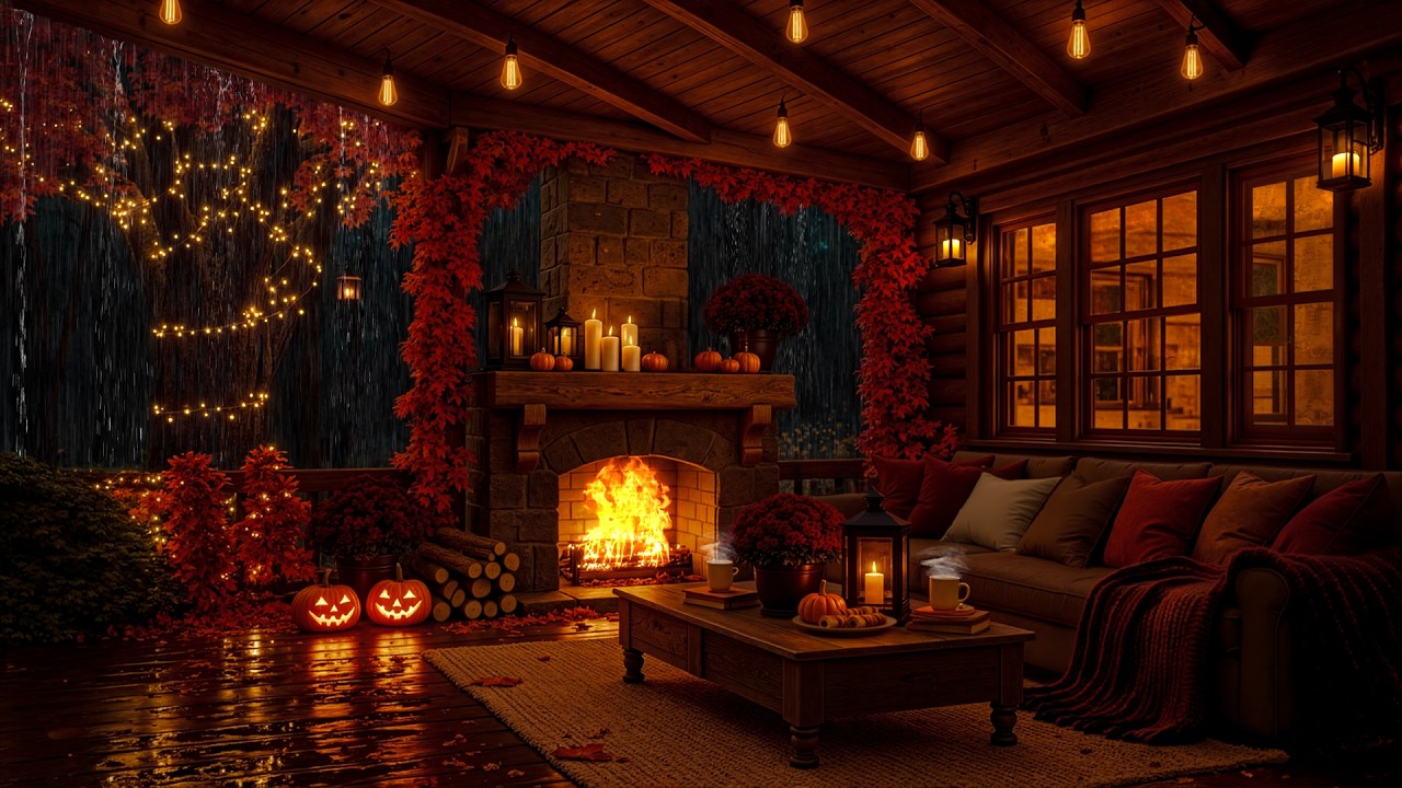 Warm Fireplace Jazz  🍂 Heavy Rain, Crackling Fire & Peaceful Autumn Ambience for Deep Sleep