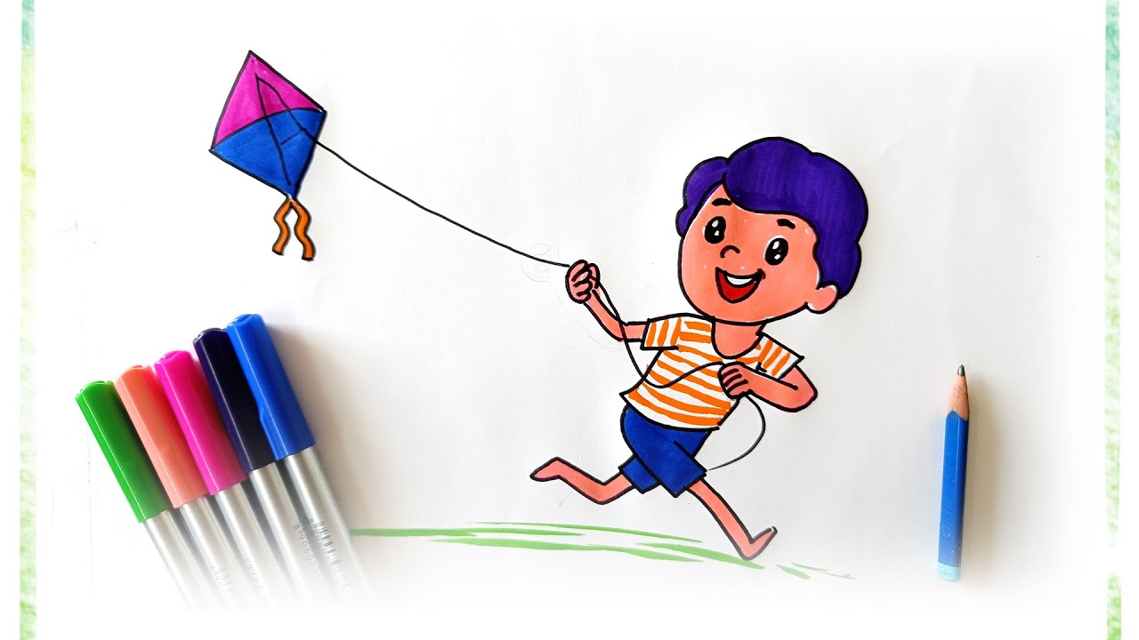 Kite Flying Drawing & Painting | Easy Kite Play Drawing for Kids | Simple Art Tutorial